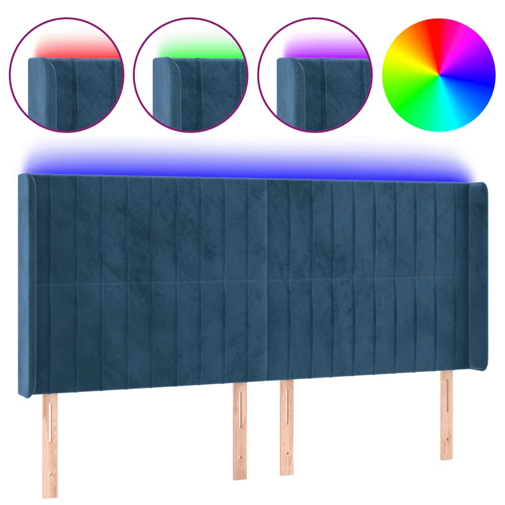 sengegavl med LED-lys 163x16x118/128 cm fløjl mørkeblå