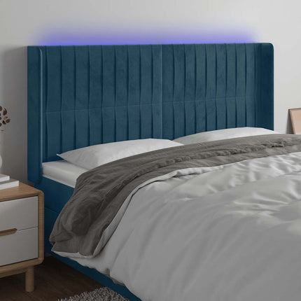 sengegavl med LED-lys 183x16x118/128 cm fløjl mørkeblå