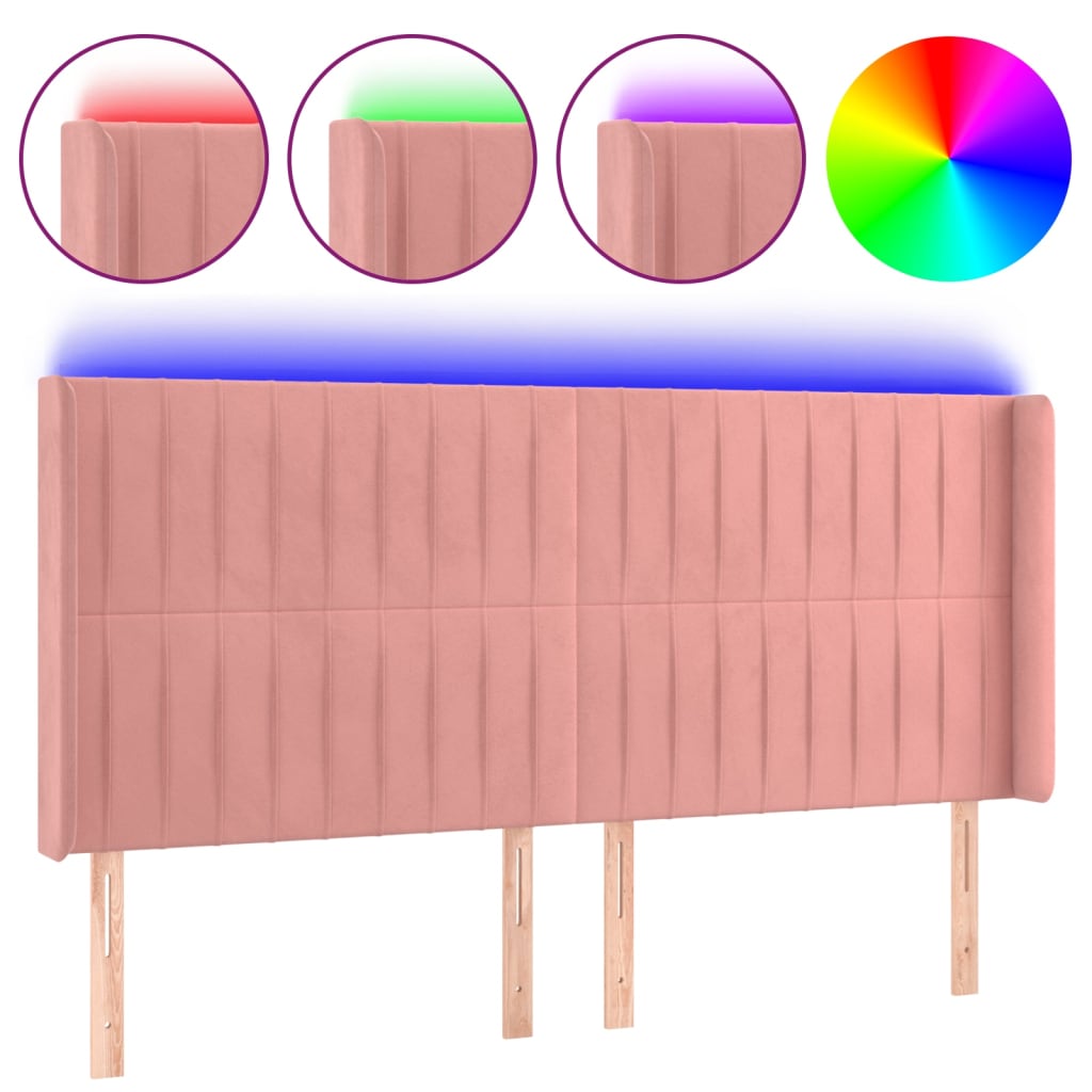 sengegavl med LED-lys 203x16x118/128 cm fløjl lyserød