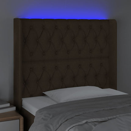 sengegavl med LED-lys 93x16x118/128 cm stof mørkebrun