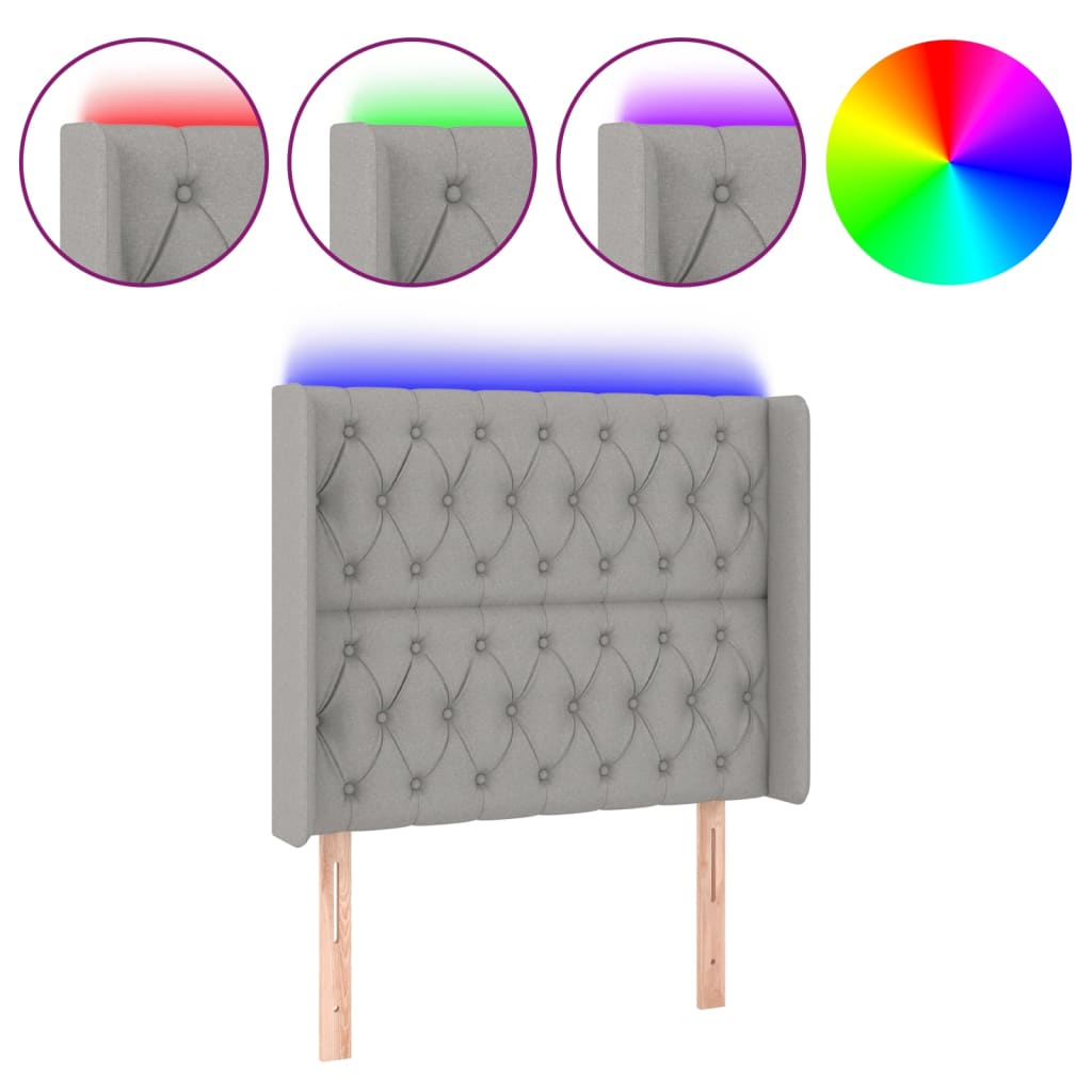 sengegavl med LED-lys 103x16x118/128 cm stof lysegrå
