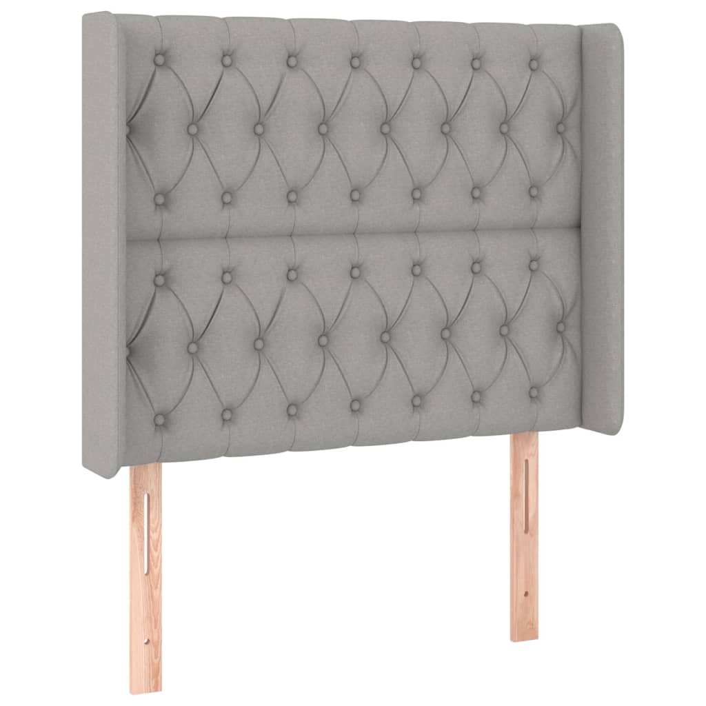 sengegavl med LED-lys 103x16x118/128 cm stof lysegrå