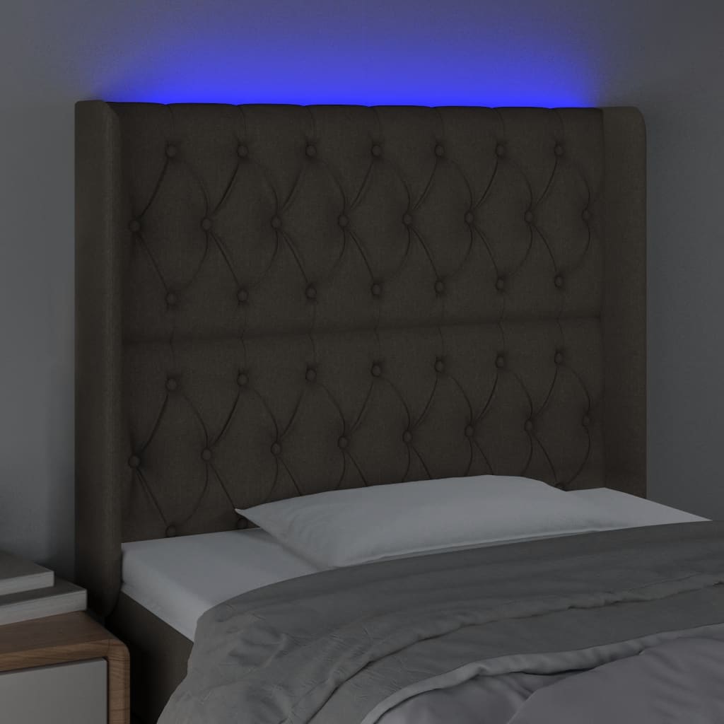 sengegavl med LED-lys 103x16x118/128 cm stof gråbrun