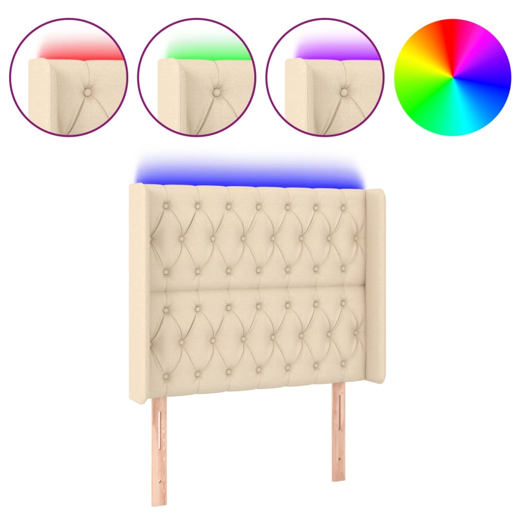 sengegavl med LED-lys 103x16x118/128 cm stof cremefarvet
