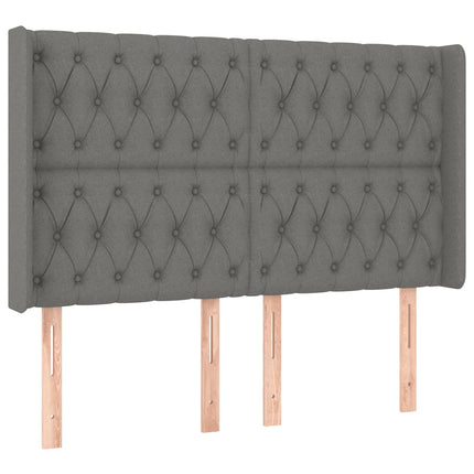 sengegavl med LED-lys 147x16x118/128 cm stof mørkegrå