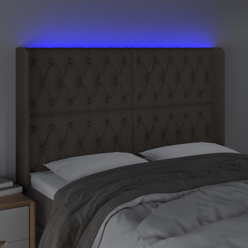 sengegavl med LED-lys 163x16x118/128 cm stof gråbrun