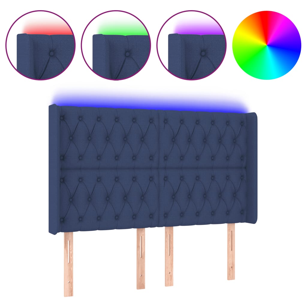 sengegavl med LED-lys 163x16x118/128 cm stof blå