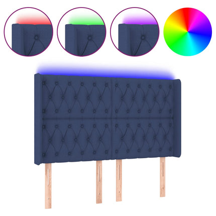 sengegavl med LED-lys 163x16x118/128 cm stof blå