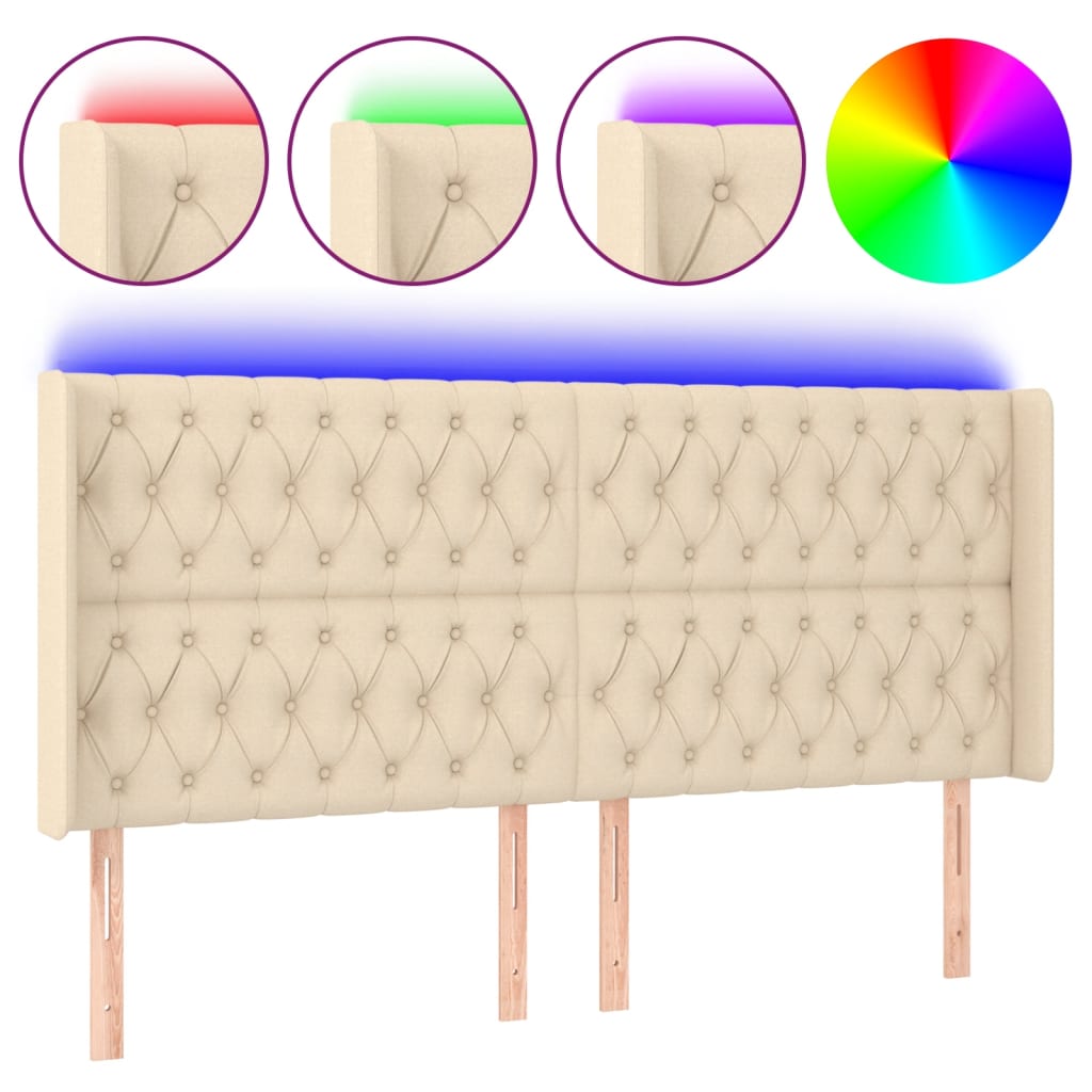 sengegavl med LED-lys 203x16x118/128 cm stof cremefarvet