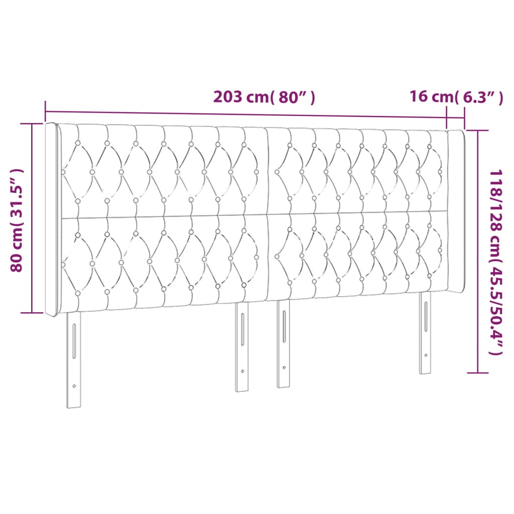 sengegavl med LED-lys 203x16x118/128 cm stof cremefarvet