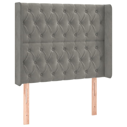 sengegavl med LED-lys 103x16x118/128 cm fløjl lysegrå