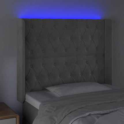 sengegavl med LED-lys 103x16x118/128 cm fløjl lysegrå