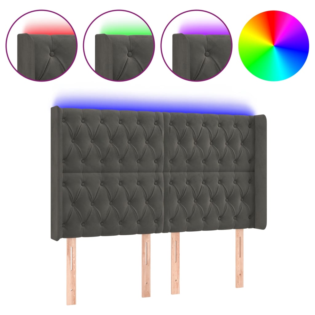 sengegavl med LED-lys 163x16x118/128 cm fløjl mørkegrå