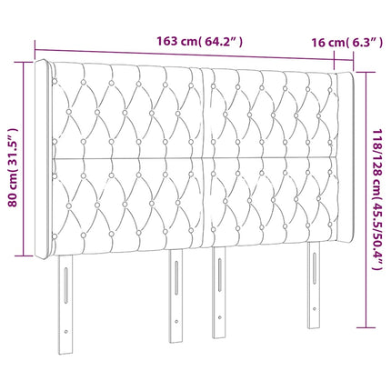 sengegavl med LED-lys 163x16x118/128 cm fløjl mørkeblå