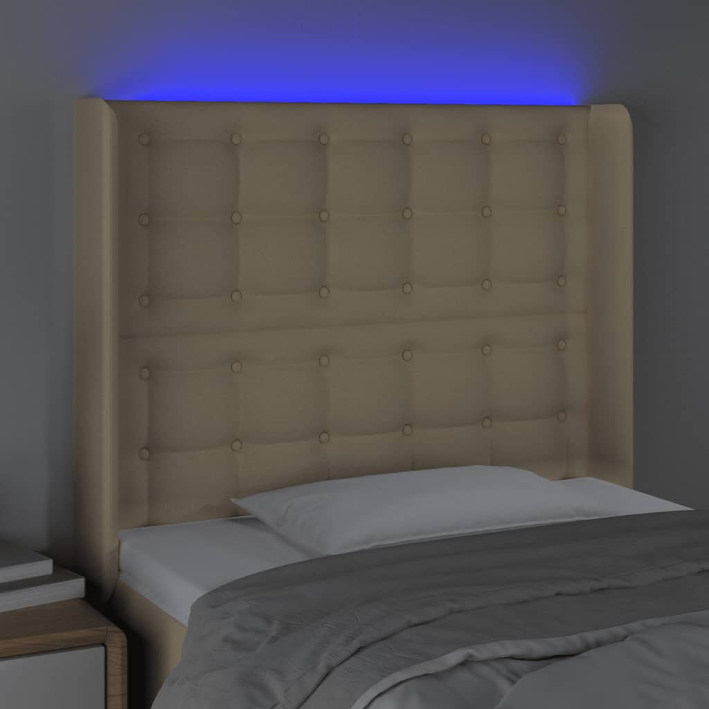 sengegavl med LED-lys 93x16x118/128 cm stof cremefarvet