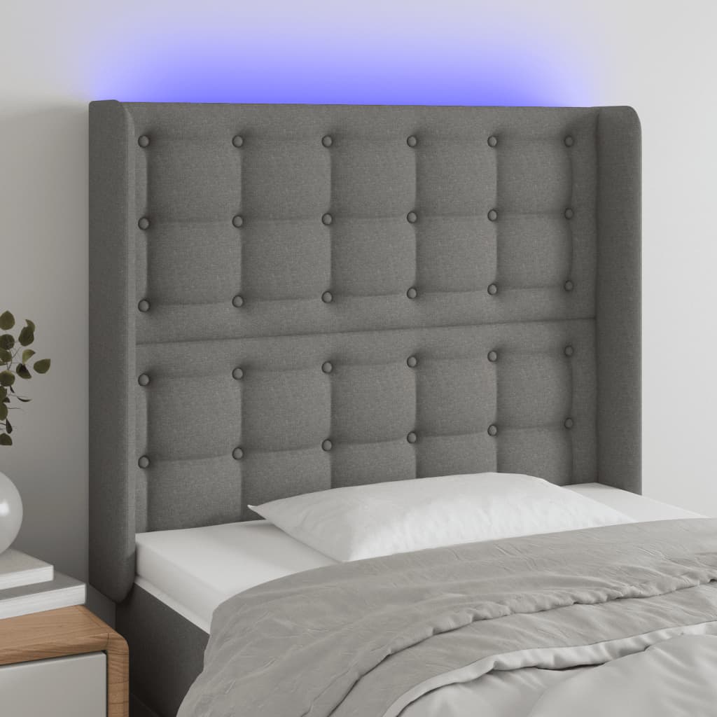 sengegavl med LED-lys 103x16x118/128 cm stof mørkegrå