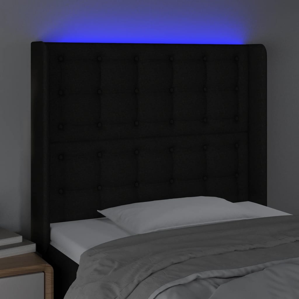 sengegavl med LED-lys 103x16x118/128 cm stof sort
