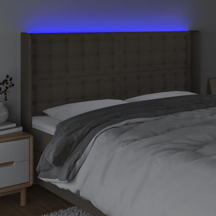 sengegavl med LED-lys 183x16x118/128 cm stof gråbrun