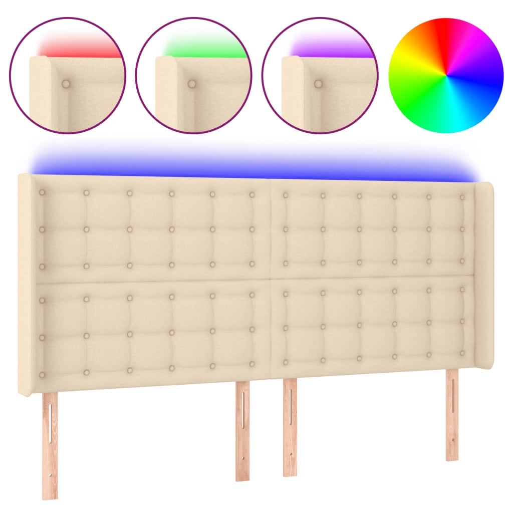 sengegavl med LED-lys 183x16x118/128 cm stof cremefarvet