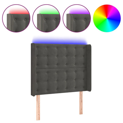 sengegavl med LED-lys 93x16x118/128 cm fløjl mørkegrå