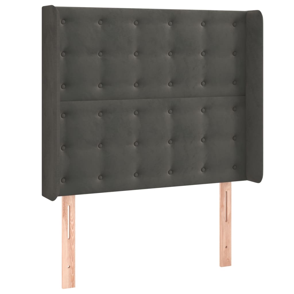 sengegavl med LED-lys 93x16x118/128 cm fløjl mørkegrå
