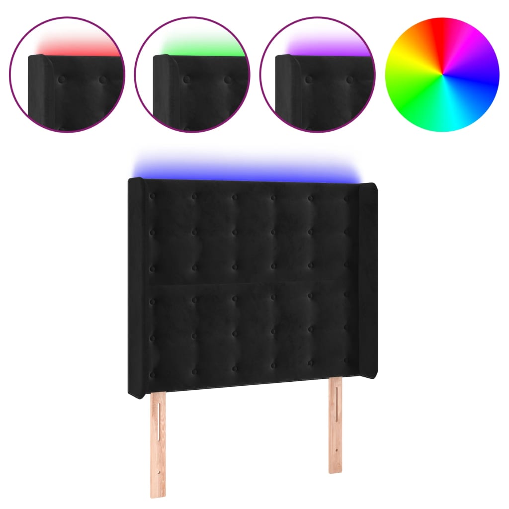 sengegavl med LED-lys 103x16x118/128 cm fløjl sort