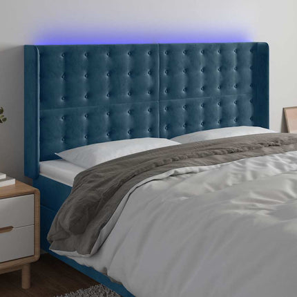 sengegavl med LED-lys 163x16x118/128 cm fløjl mørkeblå