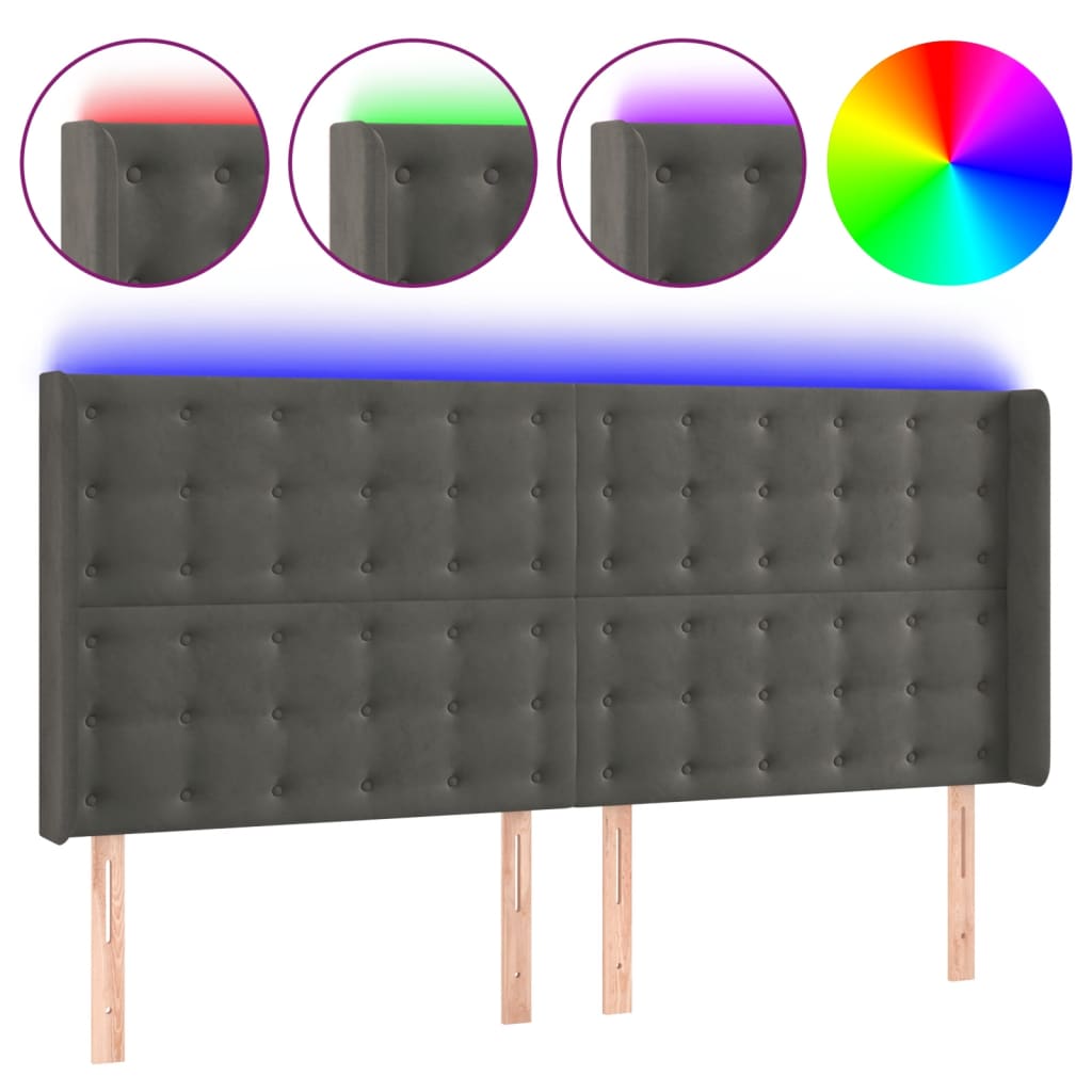 sengegavl med LED-lys 203x16x118/128 cm fløjl mørkegrå