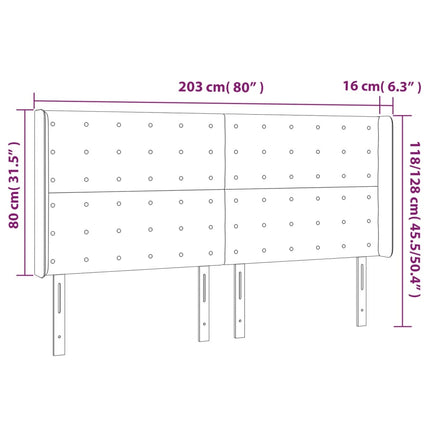 sengegavl med LED-lys 203x16x118/128 cm fløjl mørkegrå