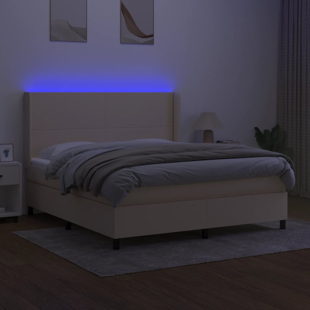 kontinentalseng med LED-lys 180x200 cm stof cremefarvet