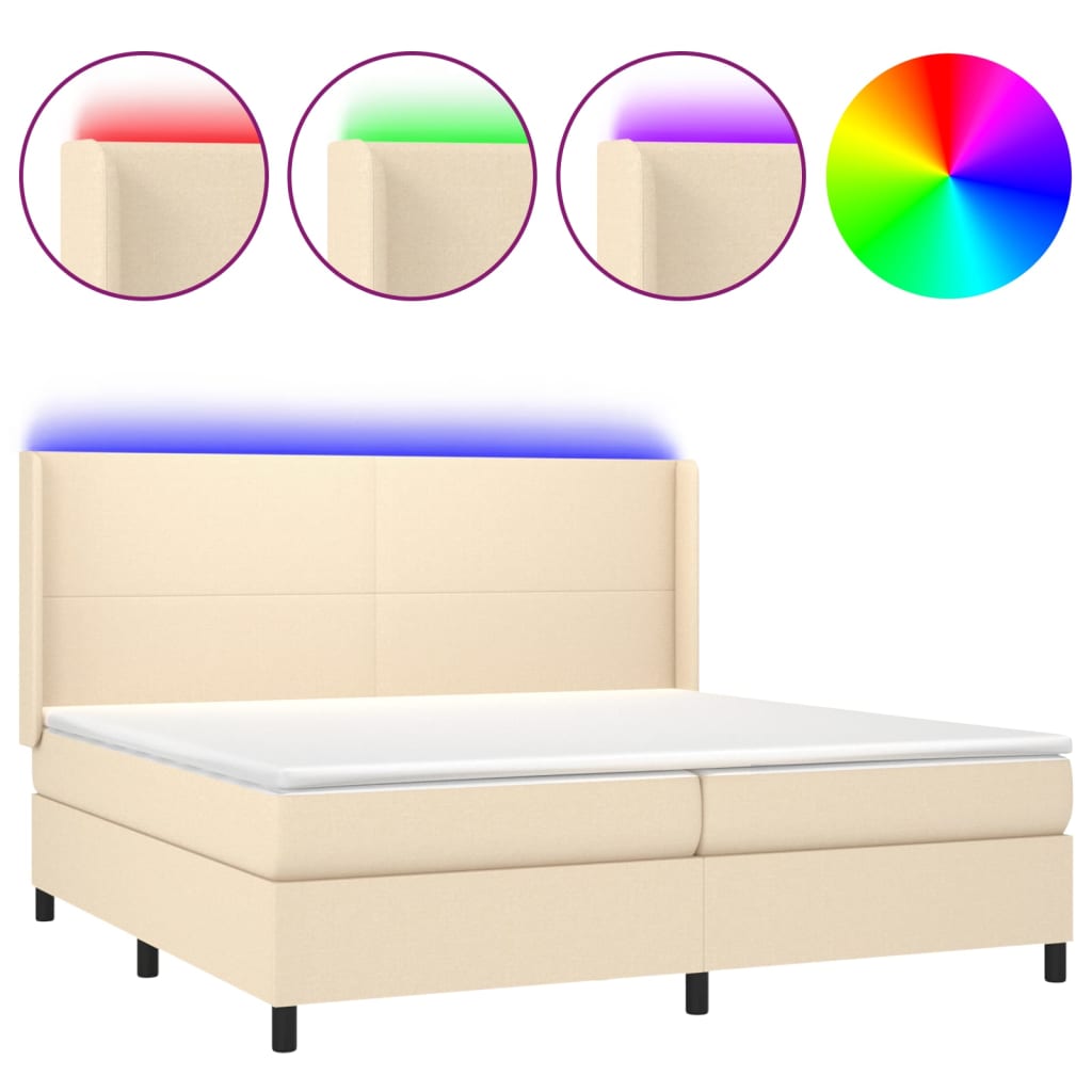 kontinentalseng med LED-lys 200x200 cm stof cremefarvet
