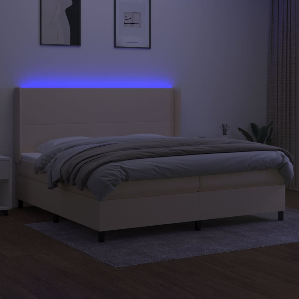 kontinentalseng med LED-lys 200x200 cm stof cremefarvet