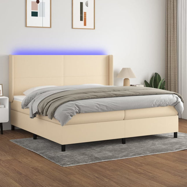 kontinentalseng med LED-lys 200x200 cm stof cremefarvet