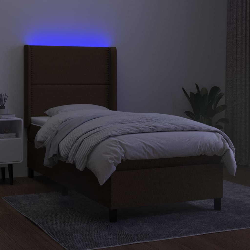 kontinentalseng med LED-lys 90x190 cm stof mørkebrun