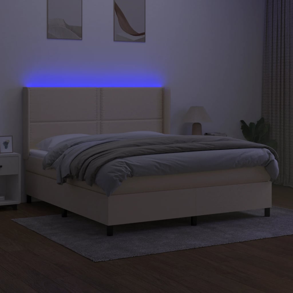 kontinentalseng med LED-lys 180x200 cm stof cremefarvet