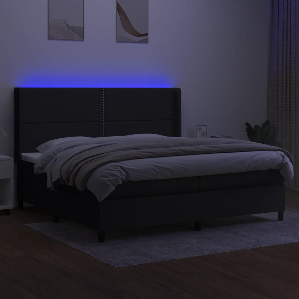 kontinentalseng med LED-lys 200x200 cm stof sort