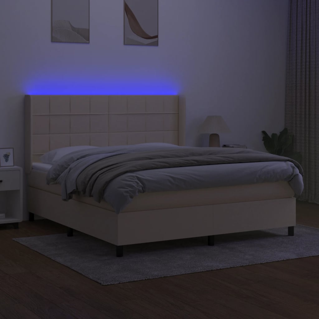 kontinentalseng med LED-lys 160x200 cm stof cremefarvet