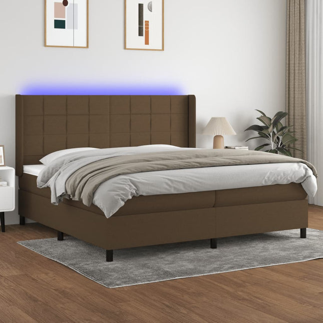 kontinentalseng med LED-lys 200x200 cm stof mørkebrun