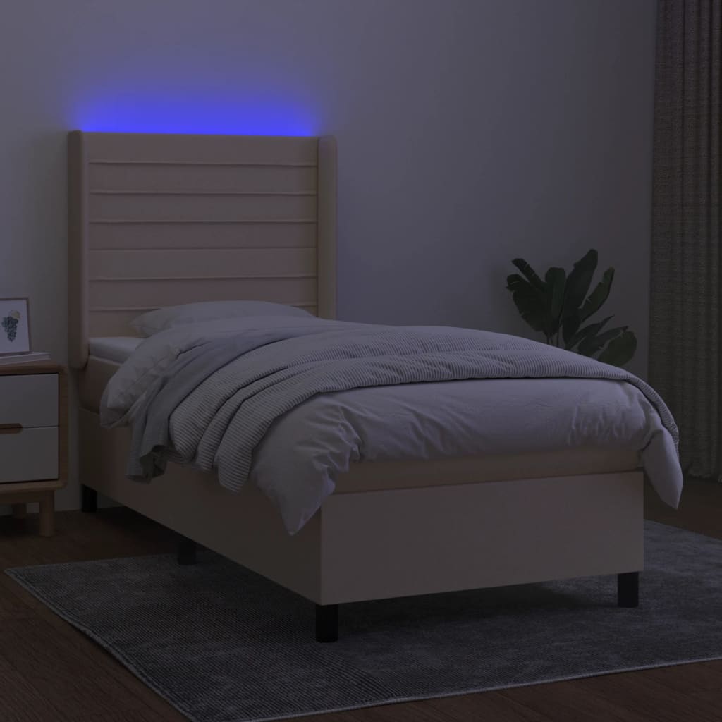kontinentalseng med LED-lys 90x190 cm stof cremefarvet
