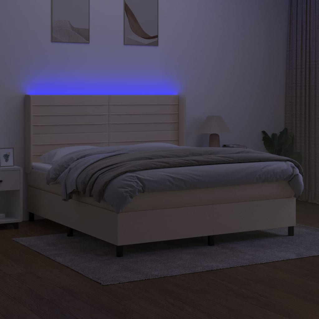 kontinentalseng med LED-lys 180x200 cm stof cremefarvet