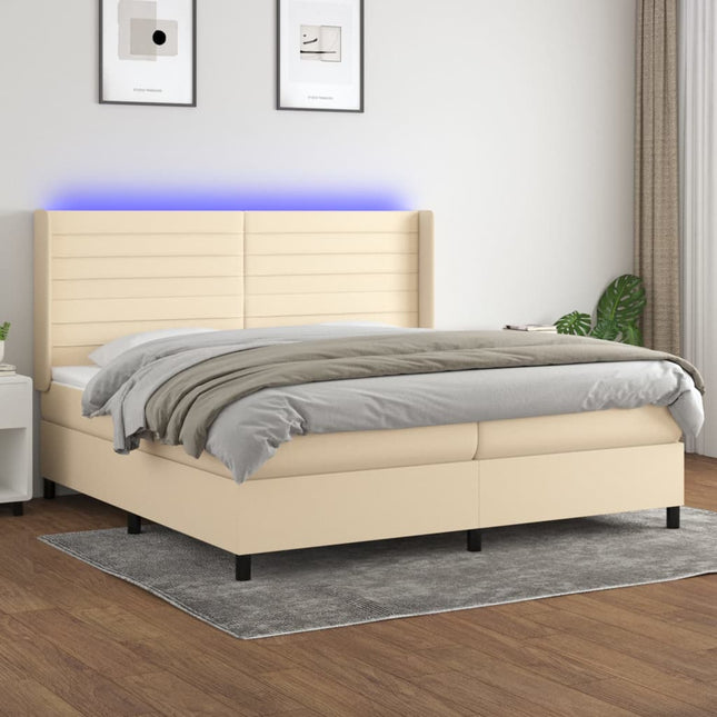 kontinentalseng med LED-lys 200x200 cm stof cremefarvet