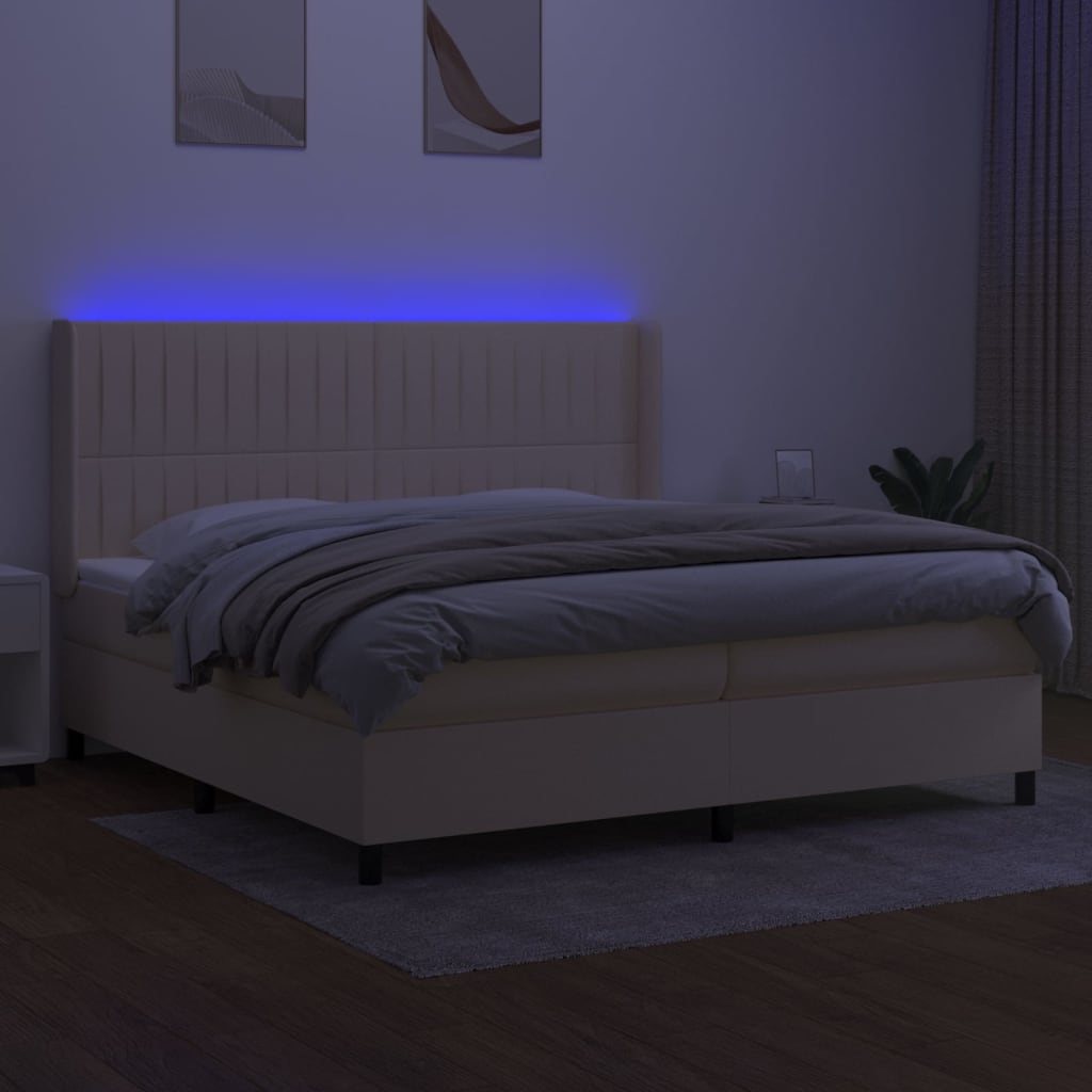 kontinentalseng med LED-lys 200x200 cm stof cremefarvet