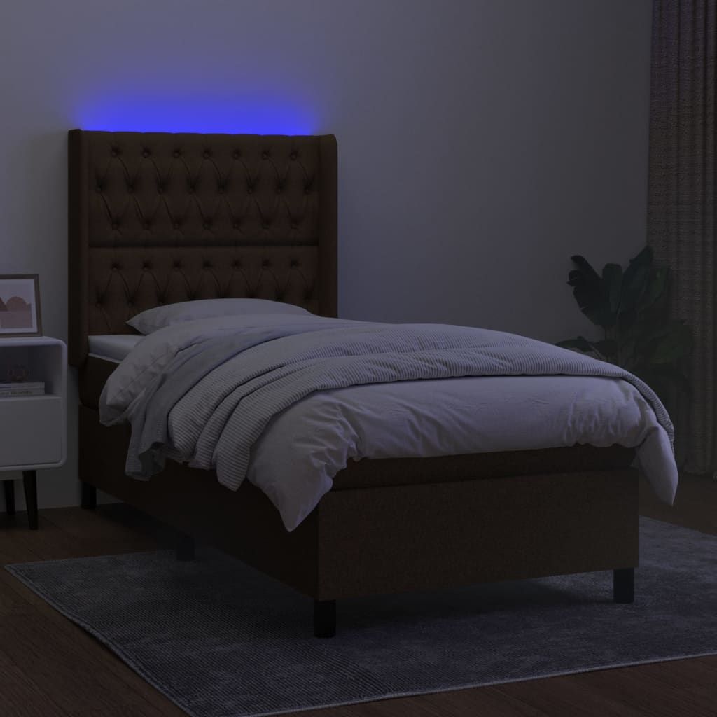 kontinentalseng med LED-lys 90x190 cm stof mørkebrun