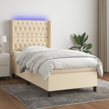 kontinentalseng med LED-lys 90x190 cm stof cremefarvet