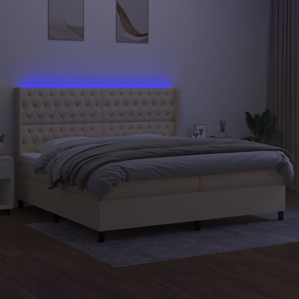 kontinentalseng med LED-lys 200x200 cm stof cremefarvet