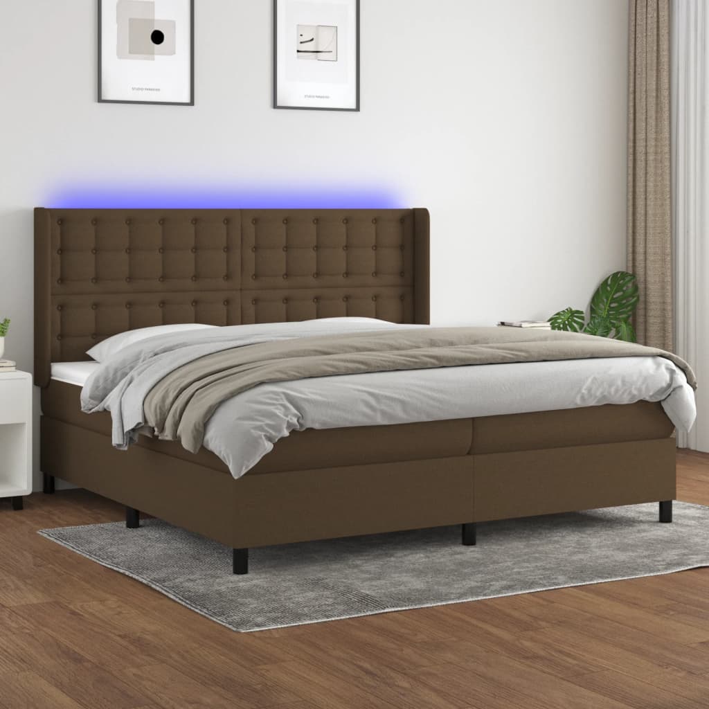 kontinentalseng med LED-lys 200x200 cm stof mørkebrun