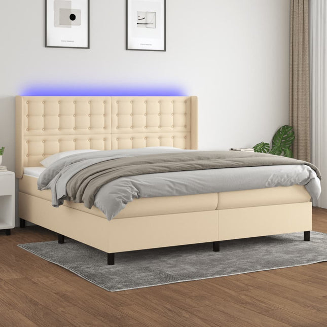 kontinentalseng med LED-lys 200x200 cm stof cremefarvet