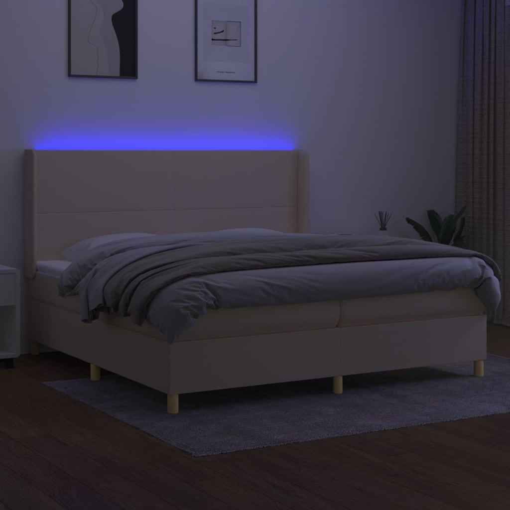 kontinentalseng med LED-lys 200x200 cm stof cremefarvet