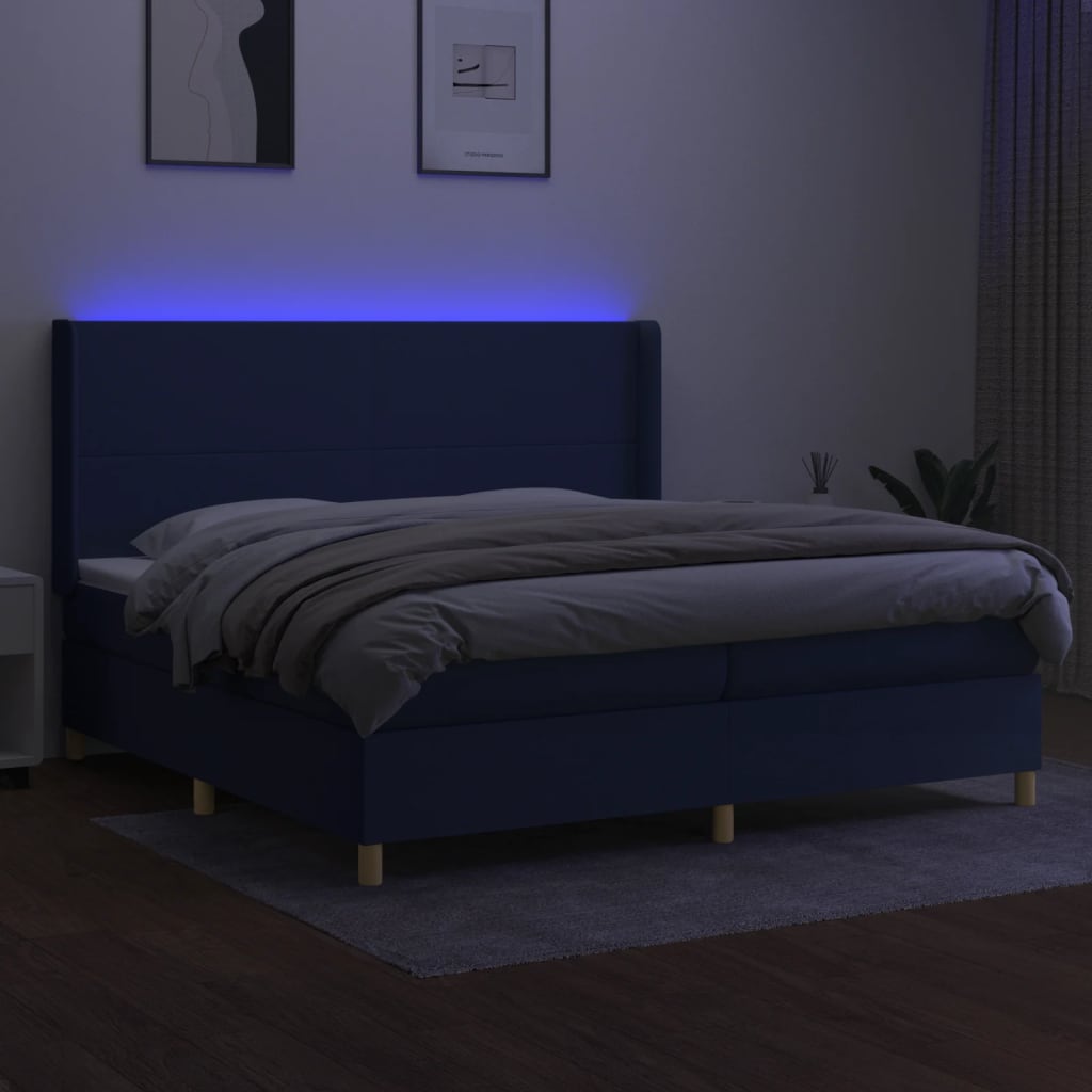 kontinentalseng med LED-lys 200x200 cm stof blå