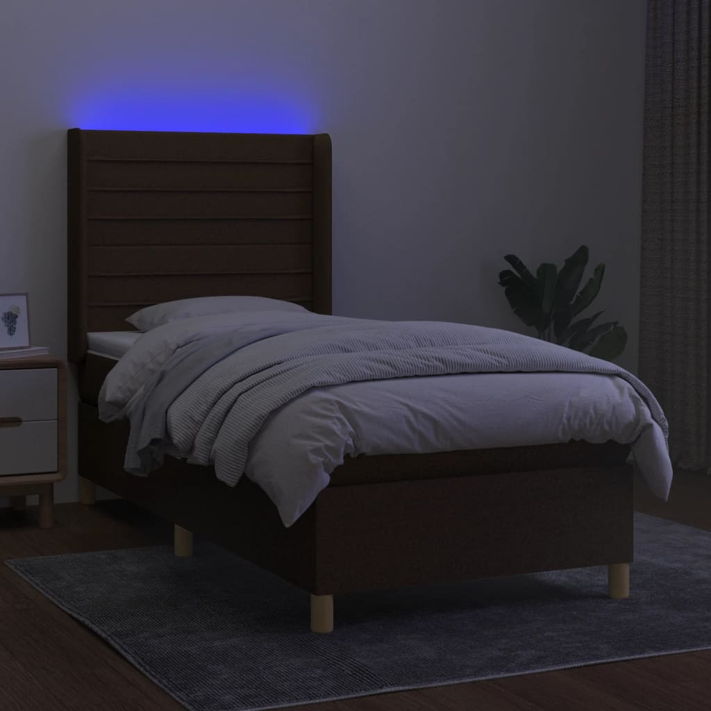 kontinentalseng med LED-lys 90x200 cm stof mørkebrun